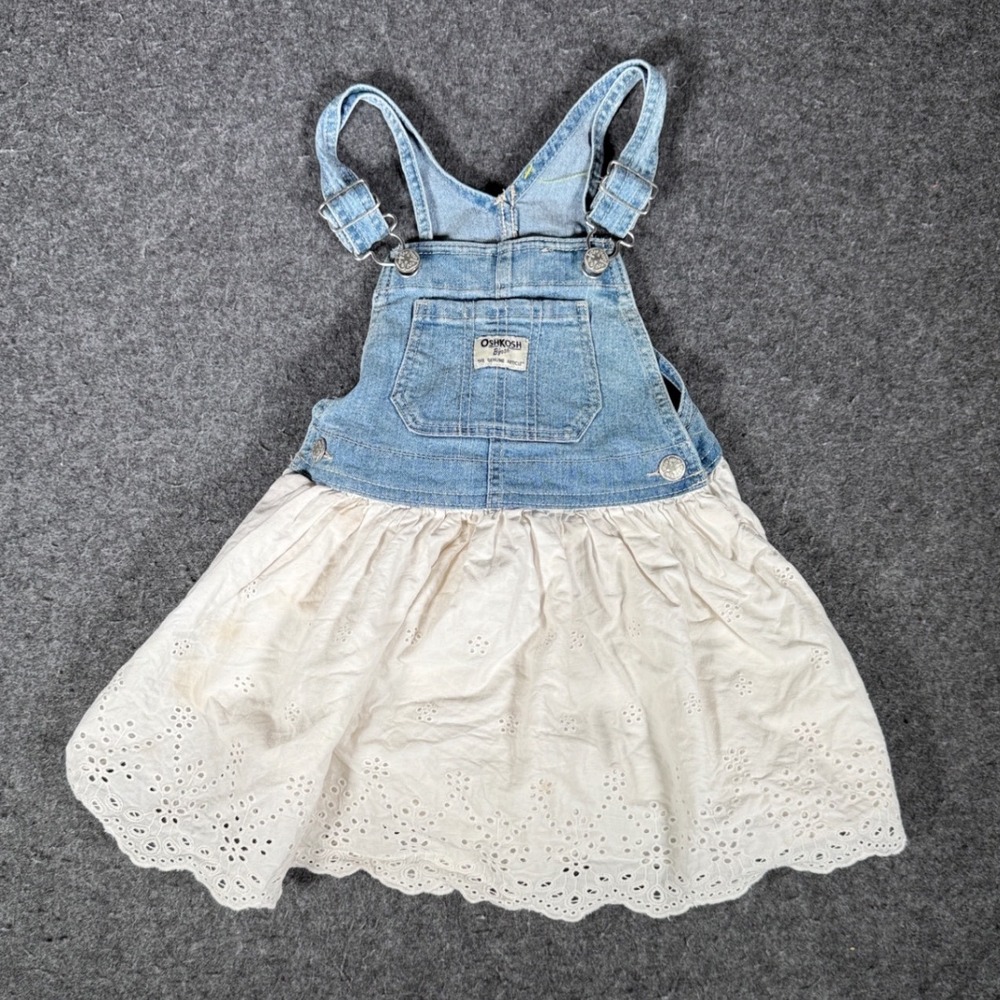 OshKosh Bgosh Kids Denim Eyelet Lace Overall Dress Blue White Pinafore Skirt